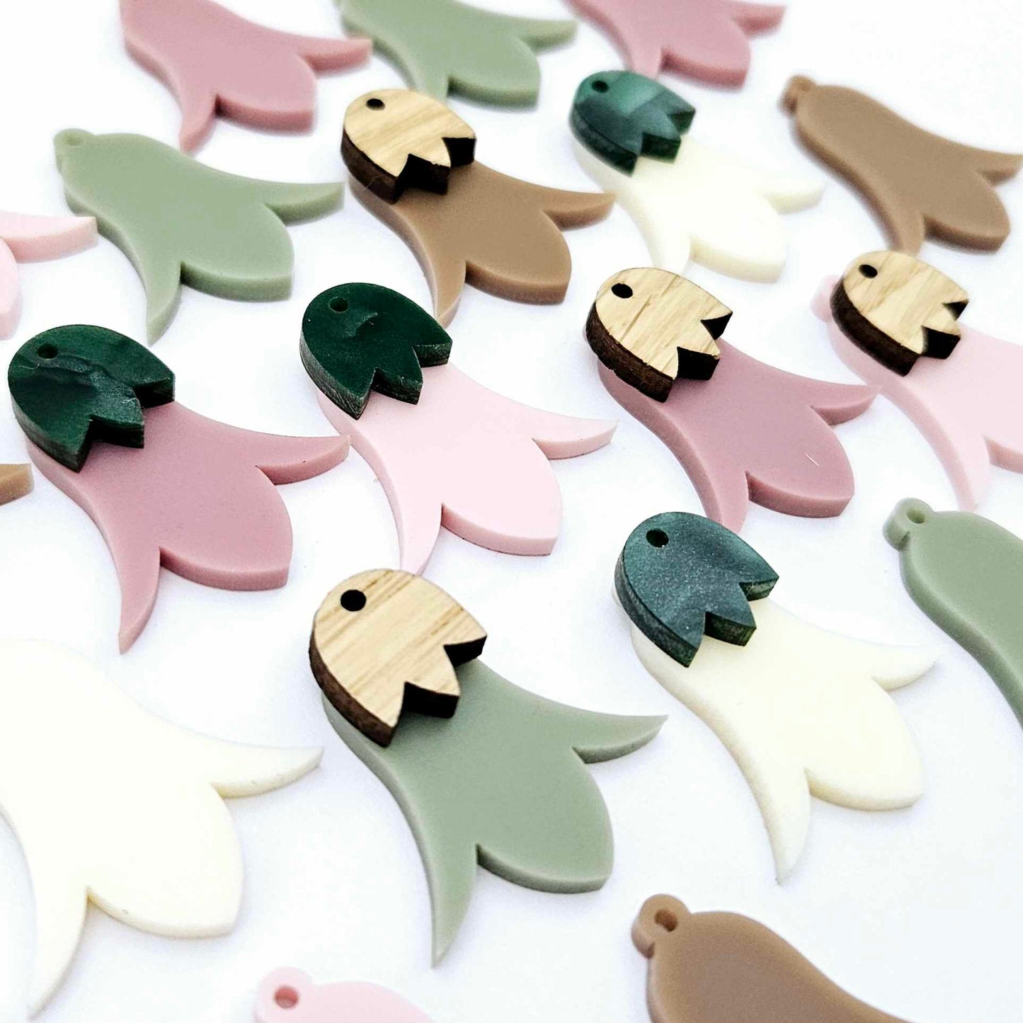 28mm acrylic nodding mixed pack flower dangle blanks shown on their own and with oak wood and green mineral leaf cap pieces