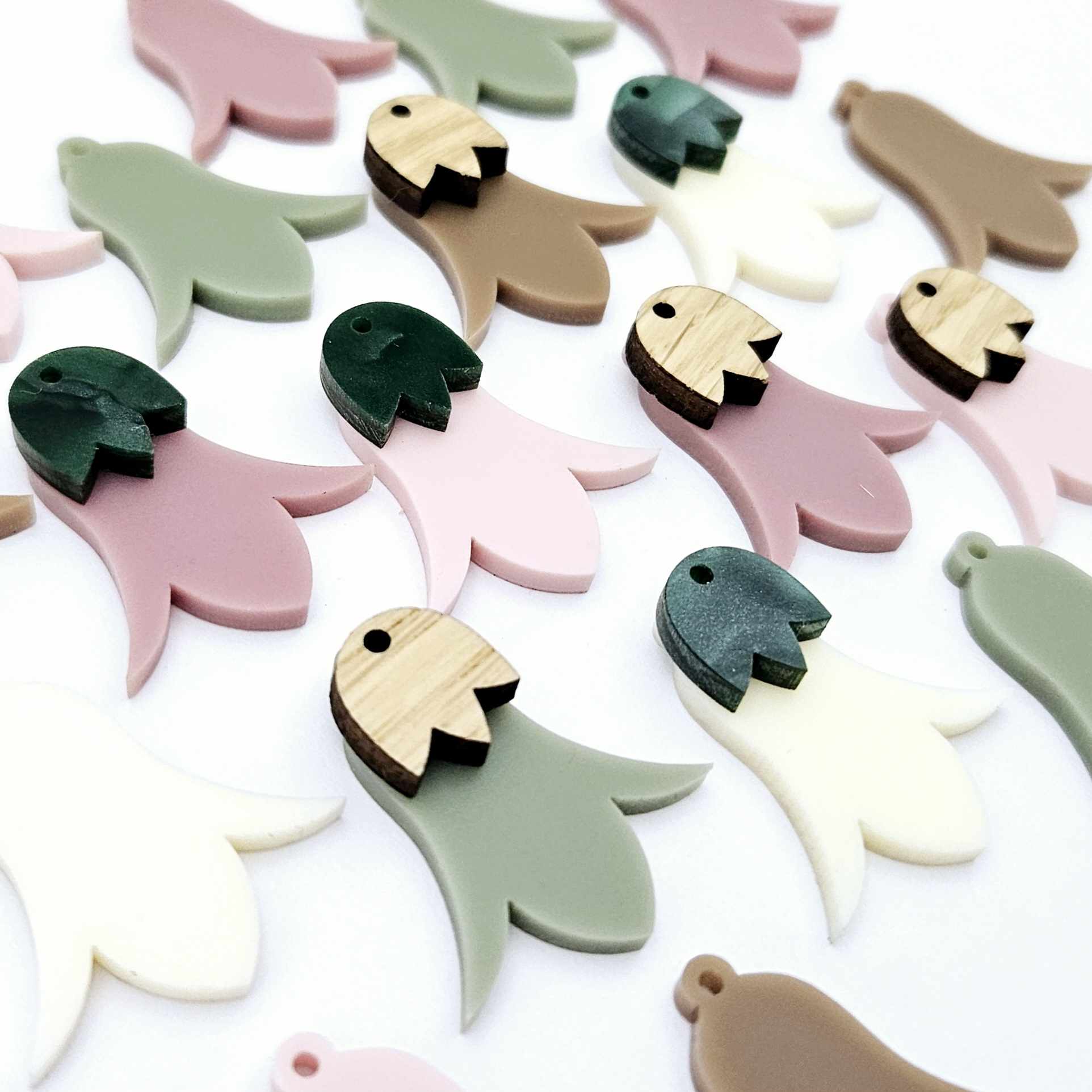 28mm acrylic nodding mixed pack flower dangle blanks shown on their own and with oak wood and green mineral leaf cap pieces