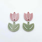 Dusty rose and olive green tulip dangle blanks, one pair paint filled white, shown as a two-piece floral design