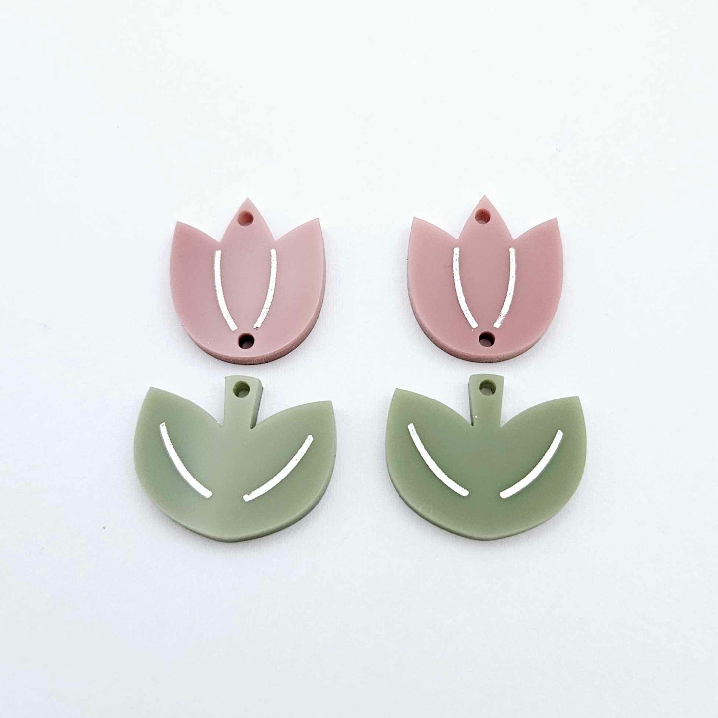 Dusty rose and olive green tulip dangle blanks, one pair paint filled white, shown as a two-piece floral design