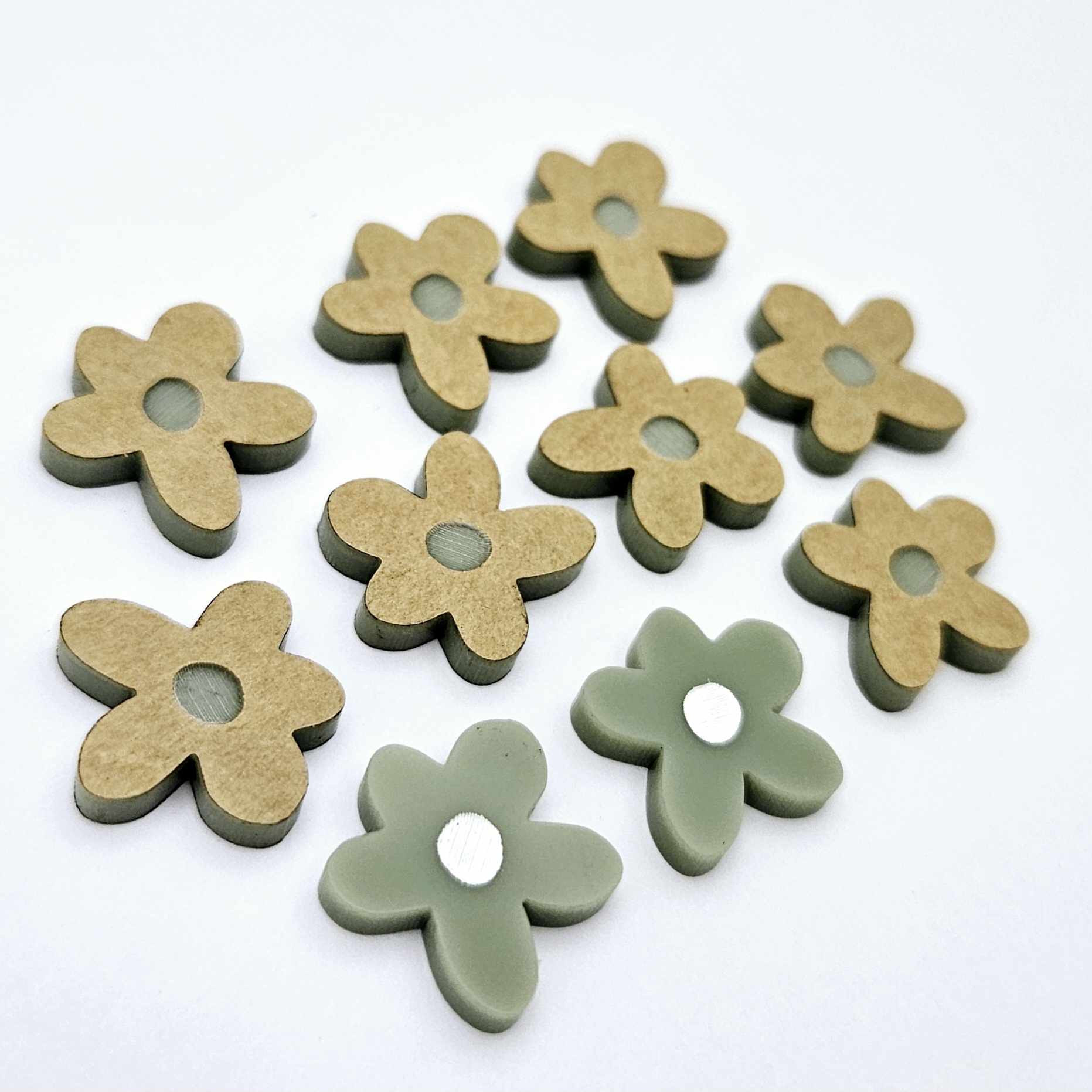 16mm Olive green organic flower stud blanks with engraved centre, one pair paint filled white and several unfilled pieces shown with protective film on