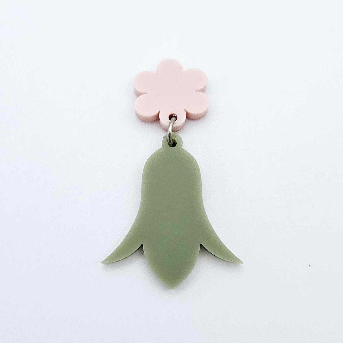 28mm olive green acrylic nodding flower dangle hanging from a 14mm flower topper, shown as a completed earring design