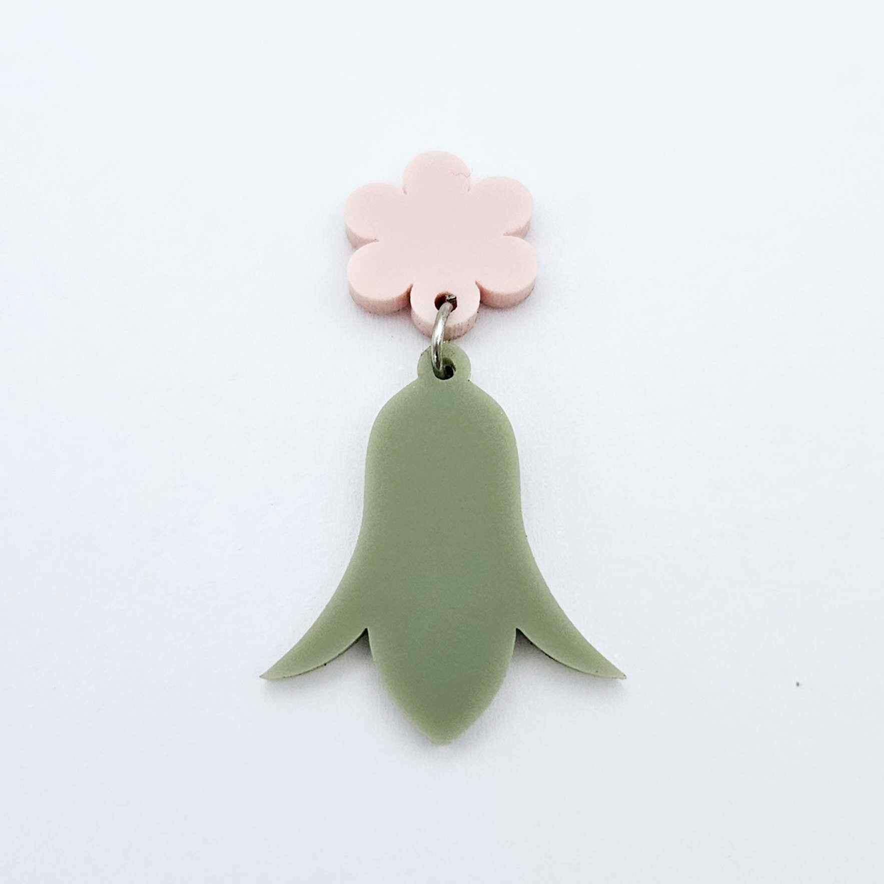 28mm olive green acrylic nodding flower dangle hanging from a 14mm flower topper, shown as a completed earring design