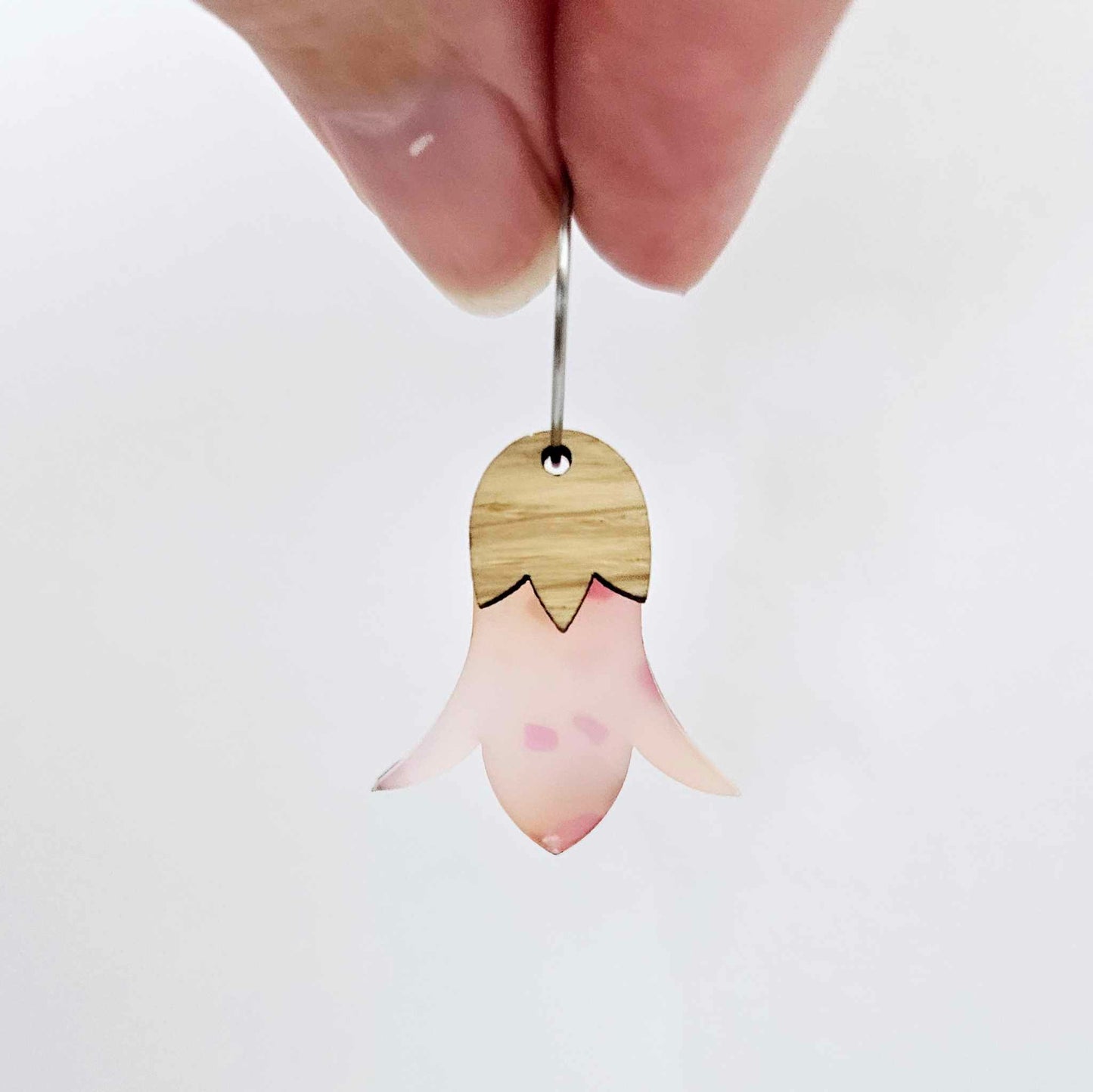 Frangipani petal acrylic nodding flower dangle blanks assembled on 20mm hoops with leaf cap detail for a layered botanical flower look