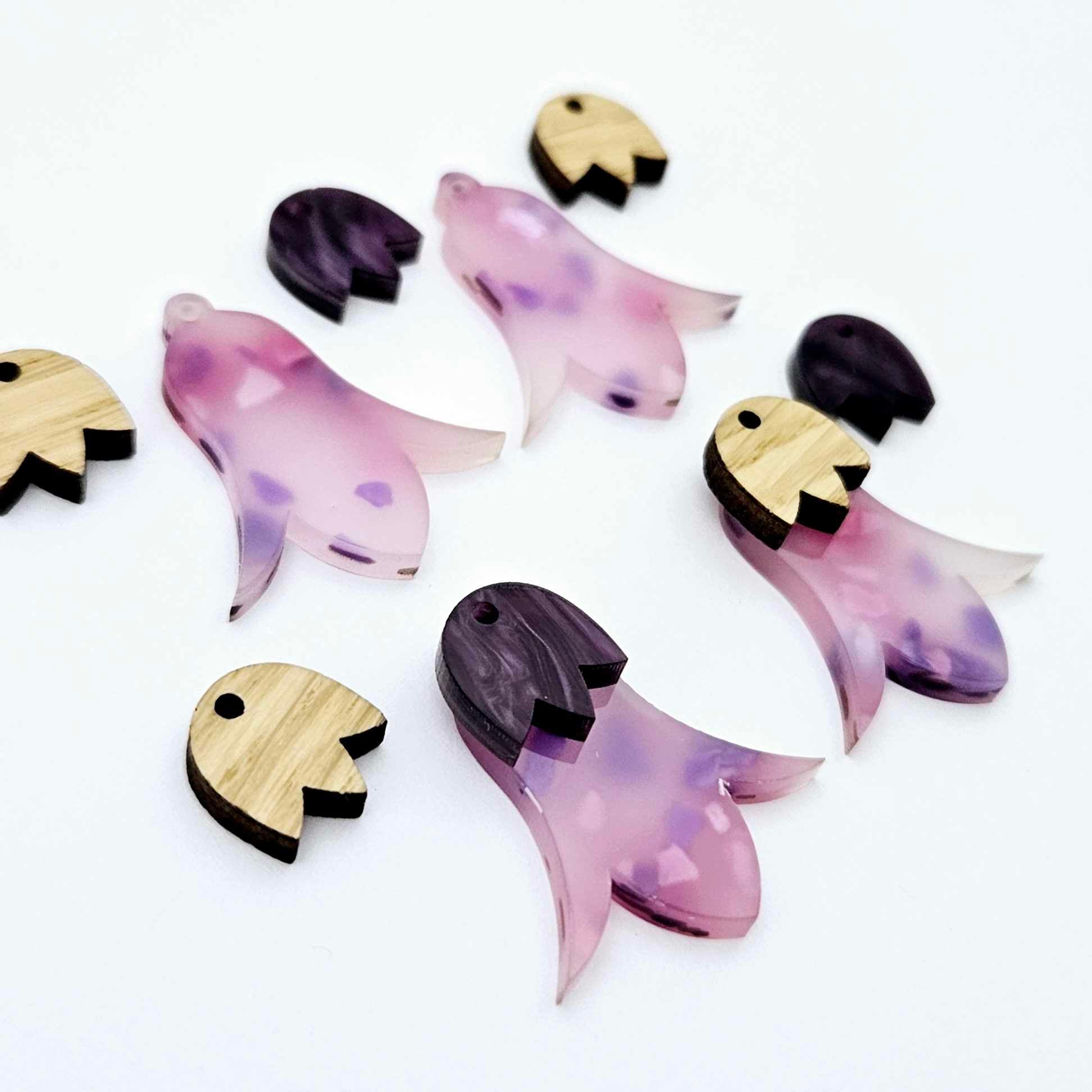 28mm jacaranda petal acrylic nodding flower dangle blanks shown on their own and with oak wood and deep purple marble leaf cap pieces