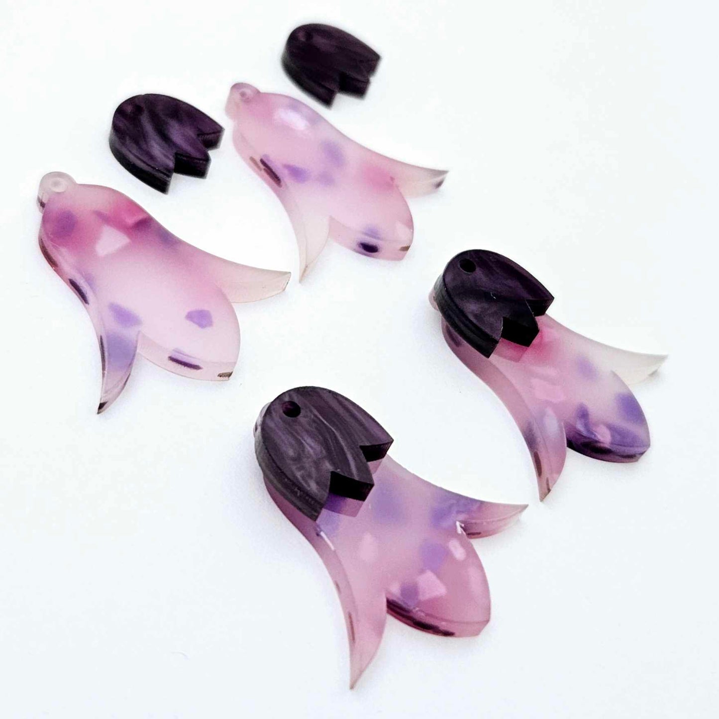 28mm jacaranda petal acrylic nodding flower dangle blanks shown on their own and with deep purple marble leaf cap pieces