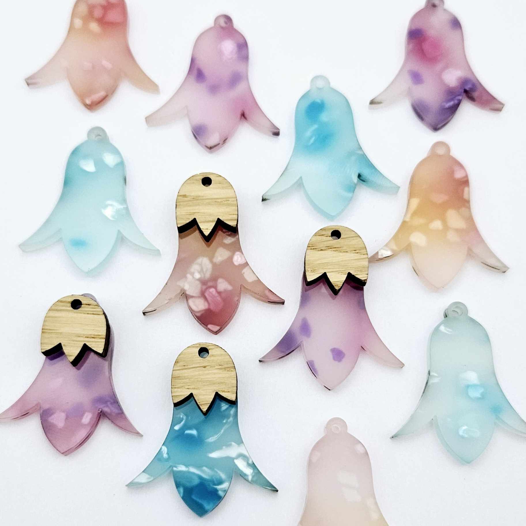 28mm mixed petal acrylic nodding flower dangle blanks shown on their own and with oak wood leaf cap pieces
