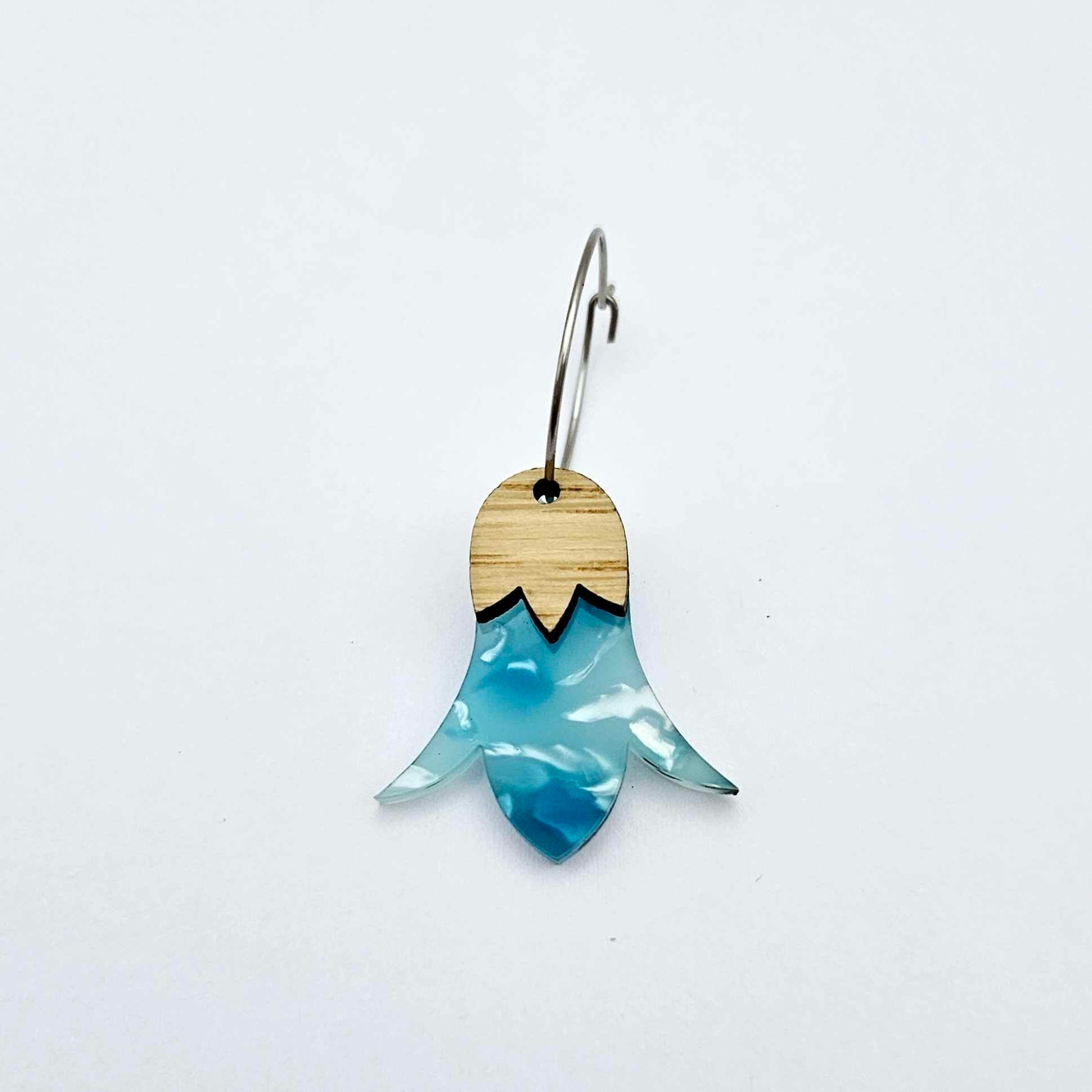 Periwinkle petal acrylic nodding flower dangle blanks assembled on 20mm hoops with leaf cap detail for a layered botanical flower look