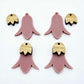28mm dusty rose acrylic nodding flower dangle blanks shown on their own and with oak wood leaf cap pieces