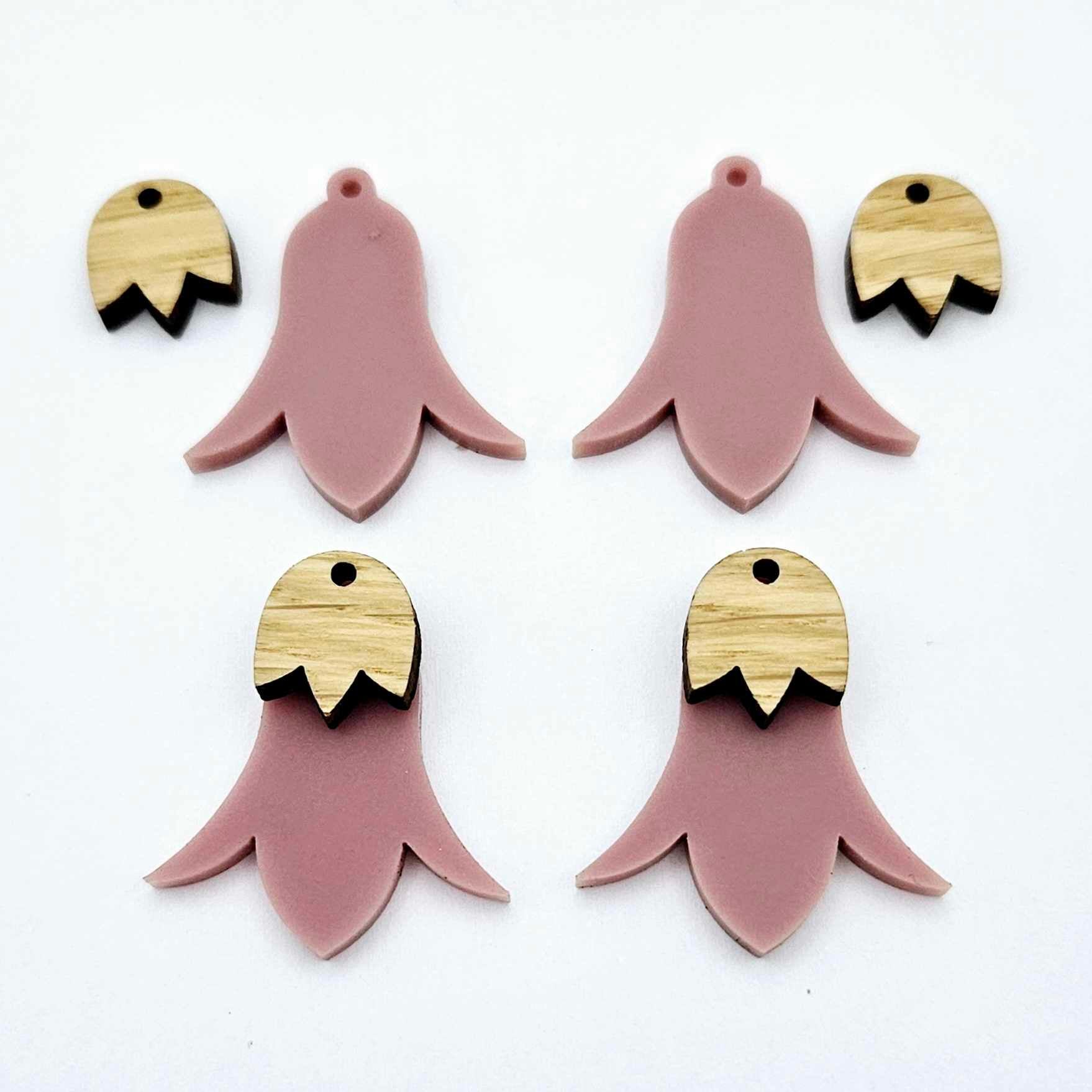28mm dusty rose acrylic nodding flower dangle blanks shown on their own and with oak wood leaf cap pieces