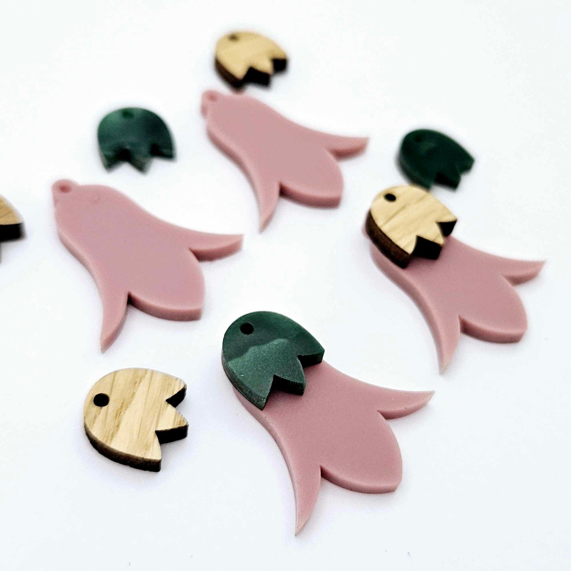 28mm dusty rose acrylic nodding flower dangle blanks shown on their own and with oak wood and green mineral leaf cap pieces