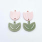 Dusty pale pink and olive green acrylic tulip dangle blanks, one pair paint filled white, shown as a two-piece floral design