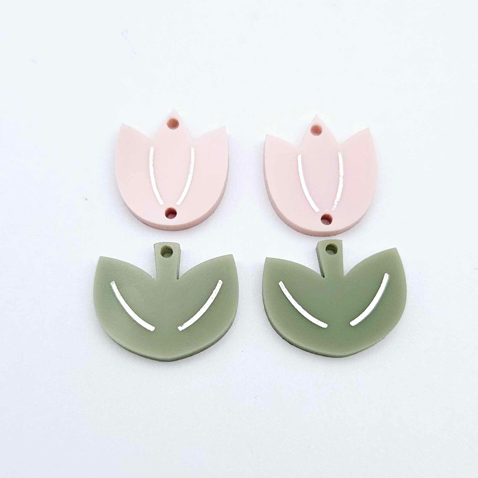 Dusty pale pink and olive green acrylic tulip dangle blanks, one pair paint filled white, shown as a two-piece floral design