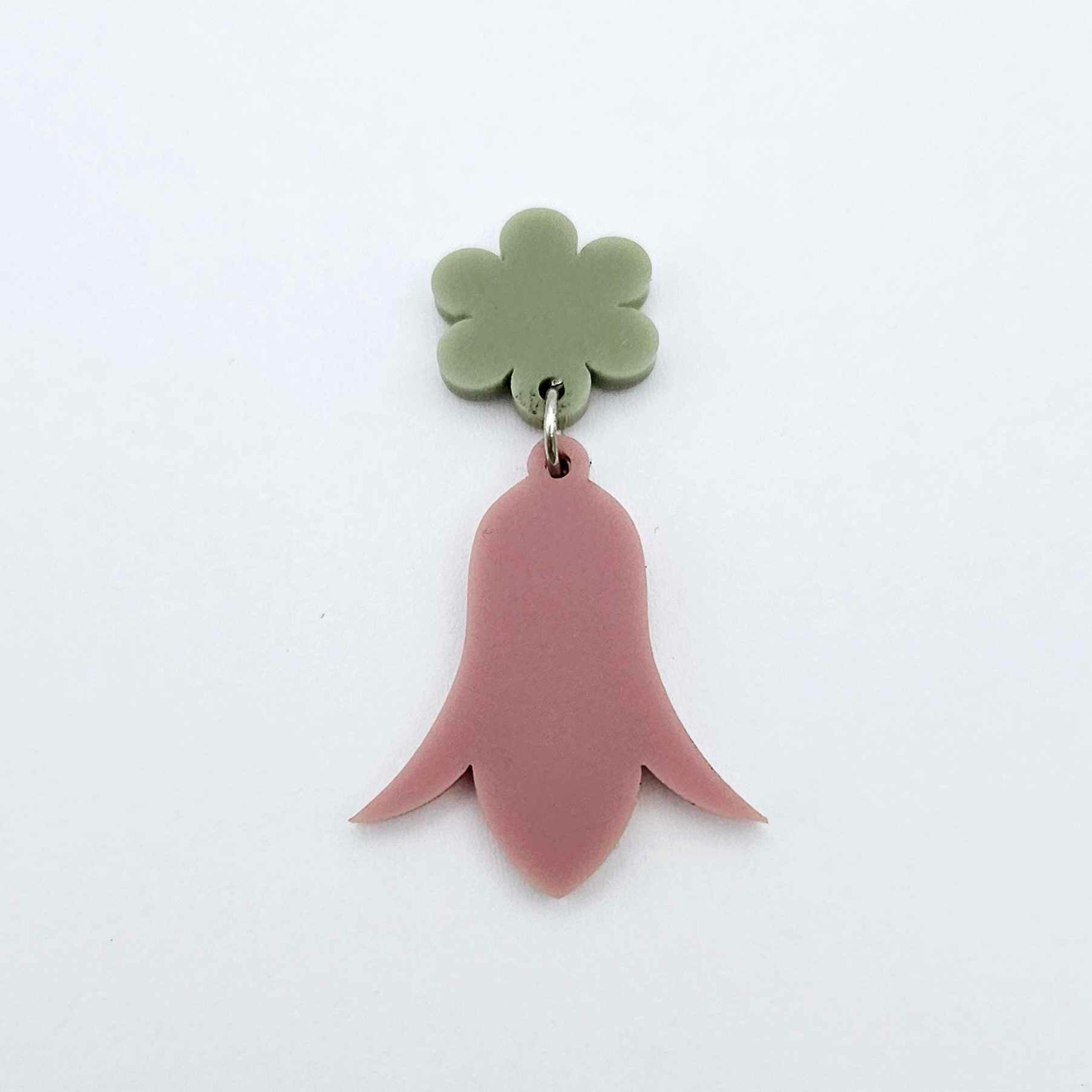 28mm dusty rose acrylic nodding flower dangle hanging from a 14mm flower topper, shown as a completed earring design