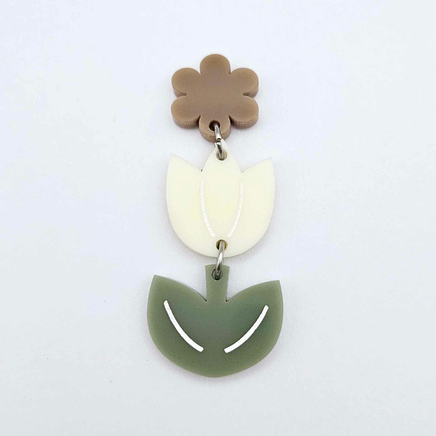 Cream and Olive Green acrylic tulip shape earring blanks shown with one of our iced coffee brown flower toppers
