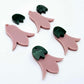 28mm dusty rose acrylic nodding flower dangle blanks shown on their own and with green mineral leaf cap pieces