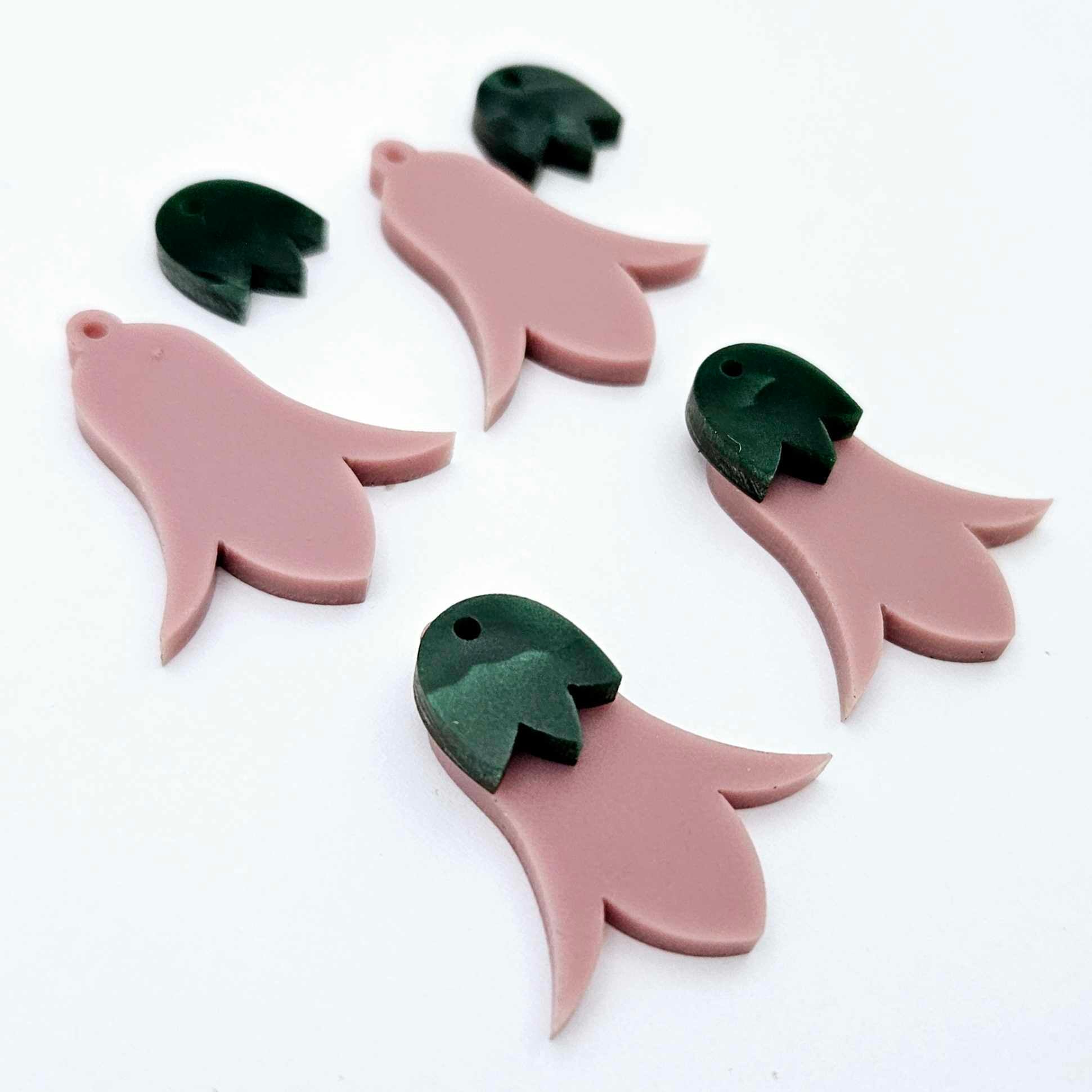 28mm dusty rose acrylic nodding flower dangle blanks shown on their own and with green mineral leaf cap pieces