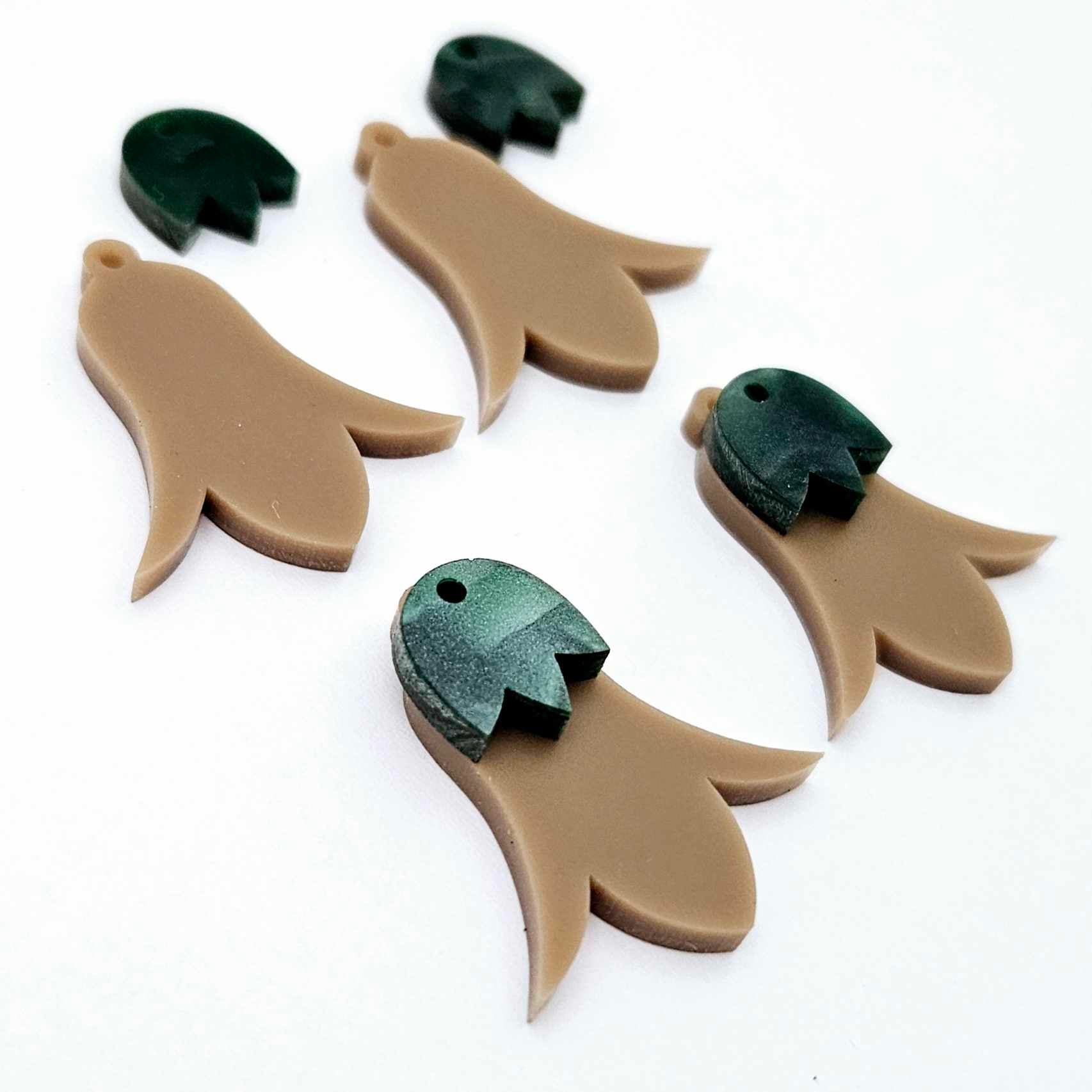 28mm iced coffee acrylic nodding flower dangle blanks shown on their own and with green mineral leaf cap pieces