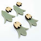28mm olive green acrylic nodding flower dangle blanks shown on their own and with oak wood leaf cap pieces
