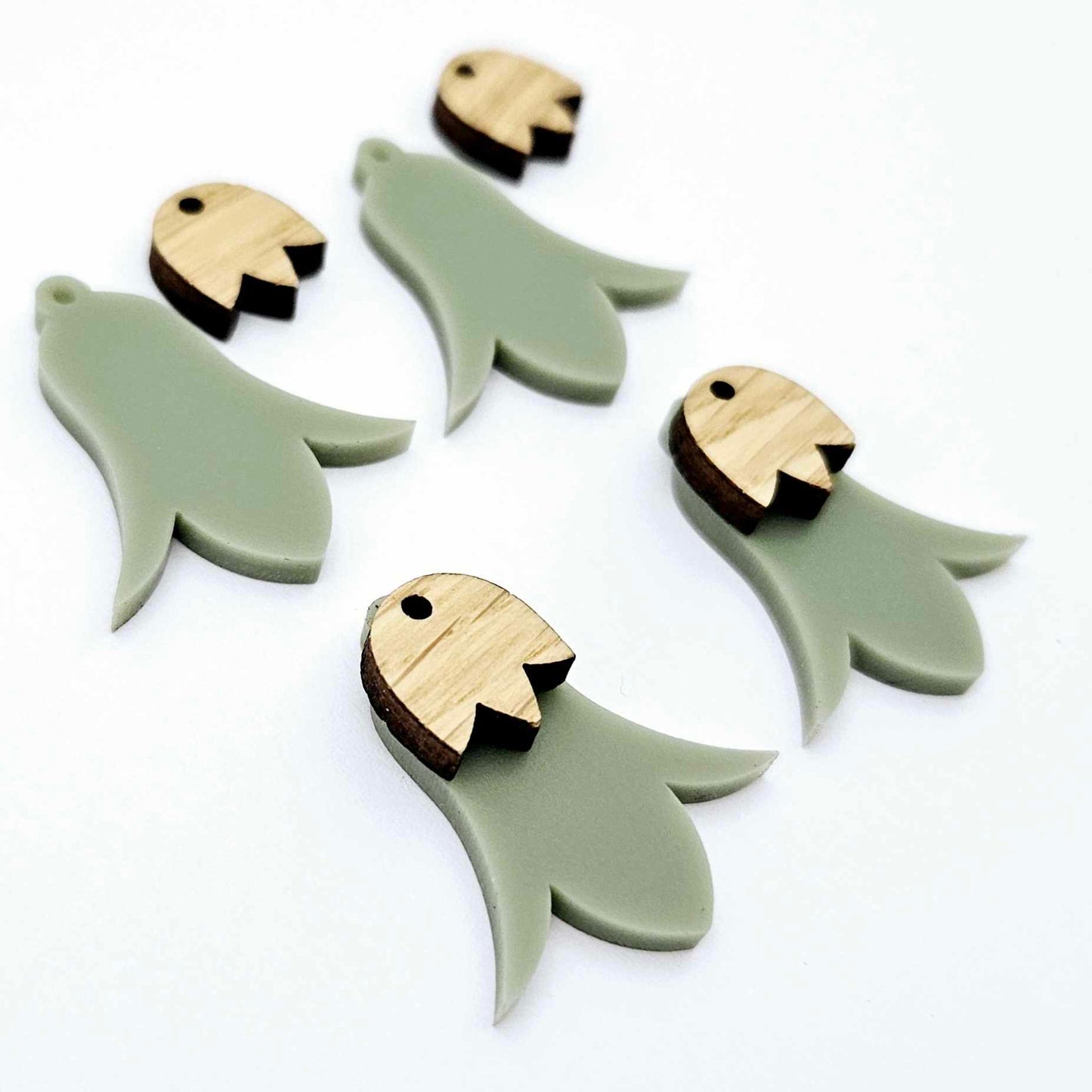 28mm olive green acrylic nodding flower dangle blanks shown on their own and with oak wood leaf cap pieces