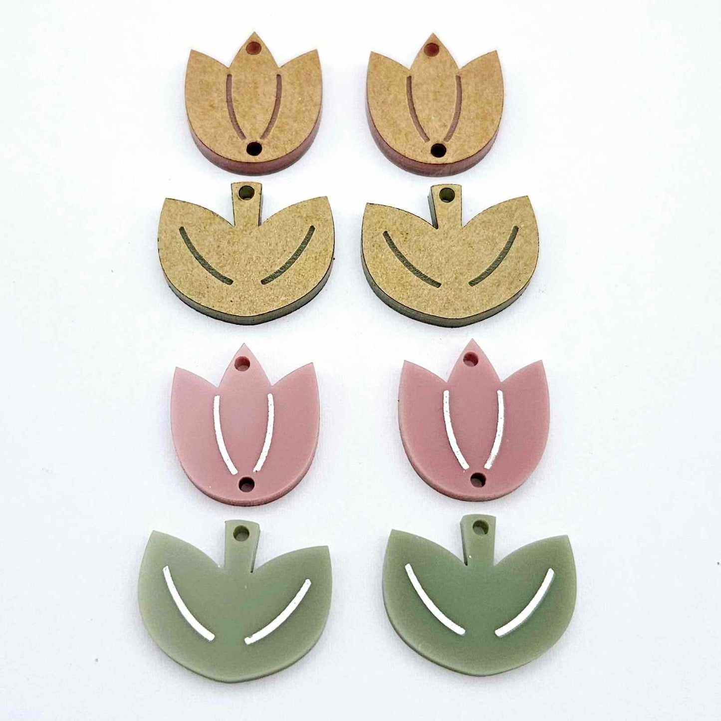 Dusty rose and olive green tulip dangle blanks, one pair paint filled white and one pair with protective paper on, shown as a two-piece floral design
