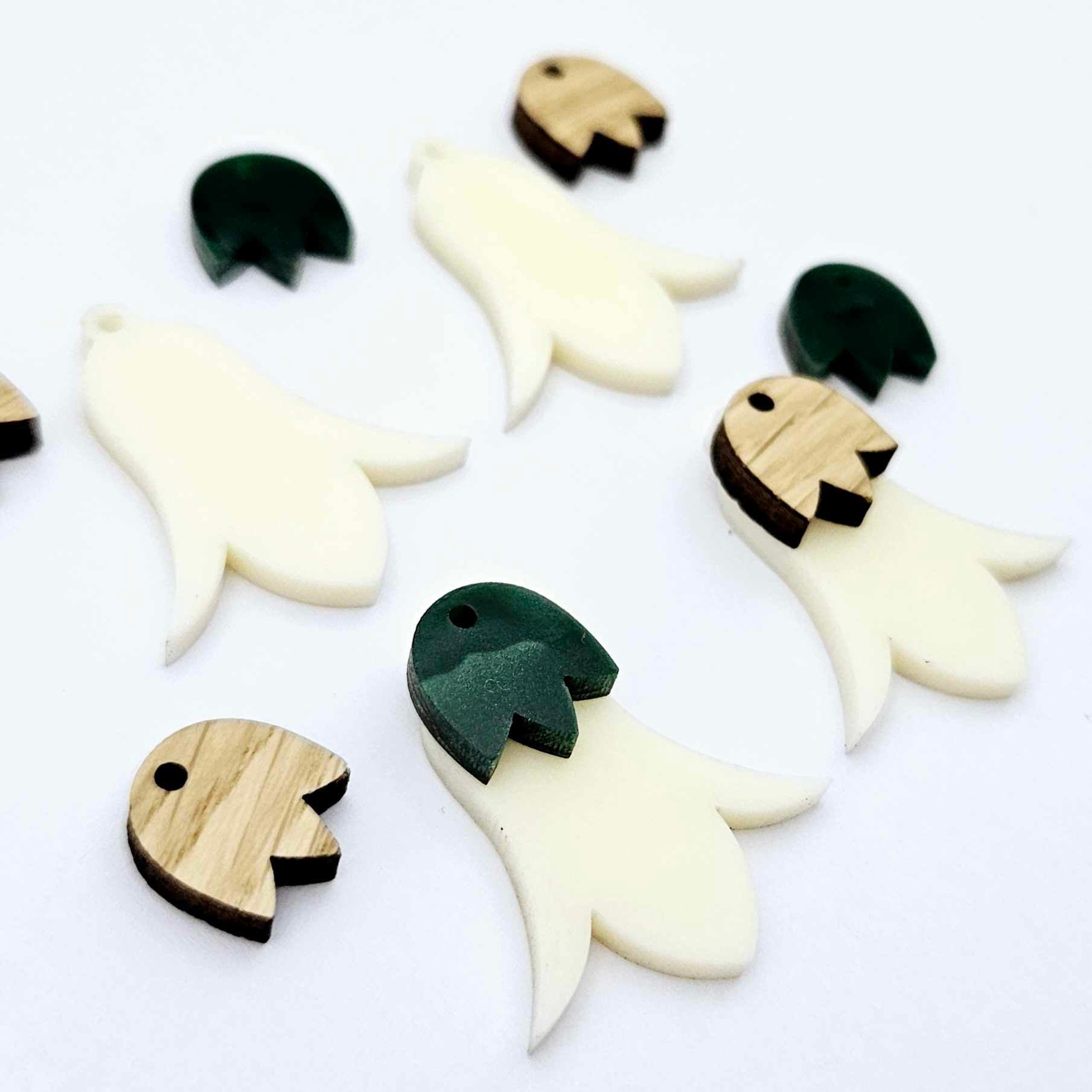 28mm cream acrylic nodding flower dangle blanks shown on their own and with oak wood and green mineral leaf cap pieces