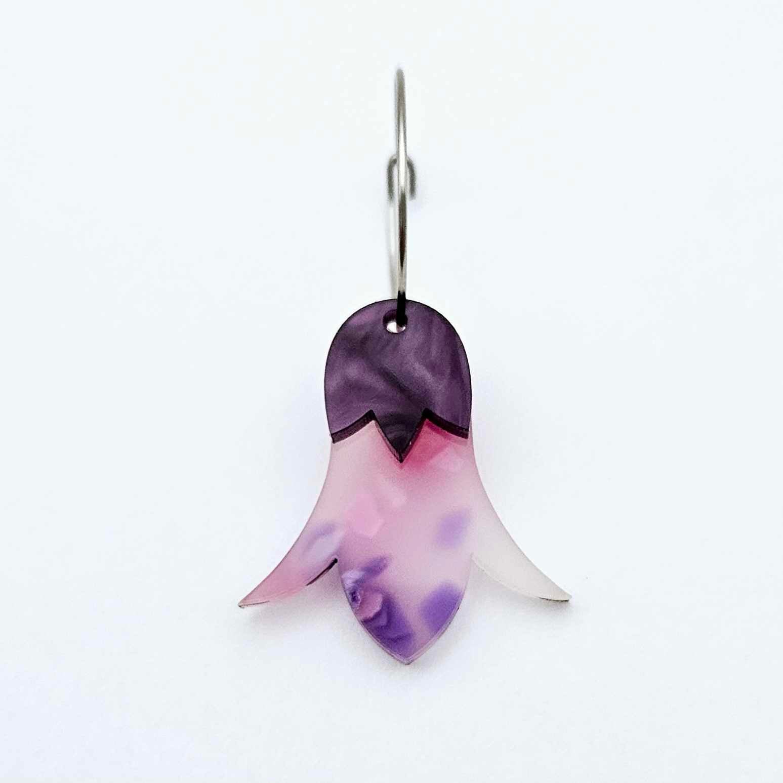 Jacaranda petal acrylic nodding flower dangle blanks assembled on 20mm hoops with leaf cap detail for a layered botanical flower look