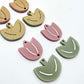 Dusty rose and olive green tulip dangle blanks, one pair paint filled white and one pair with protective paper on, shown as a two-piece floral design