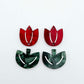 Two-piece tulip acrylic dangle blanks in red marble and green mineral acrylic, paint filled white on one pair