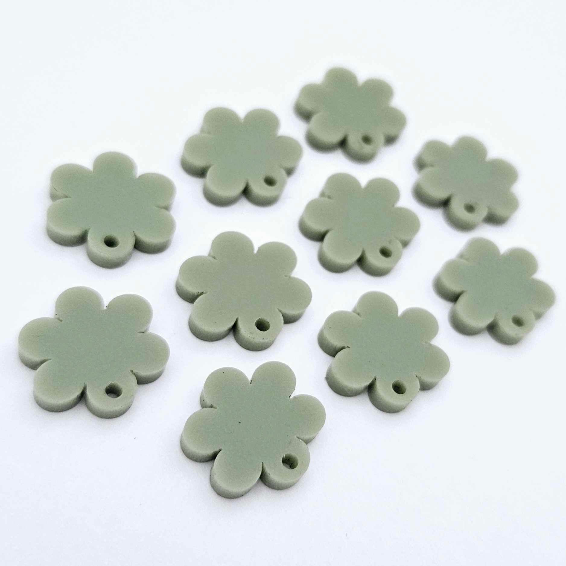14mm olive green acrylic flower shape earring blanks toppers shown on their own
