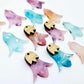 28mm mixed petal acrylic nodding flower dangle blanks shown on their own and with oak wood leaf cap pieces