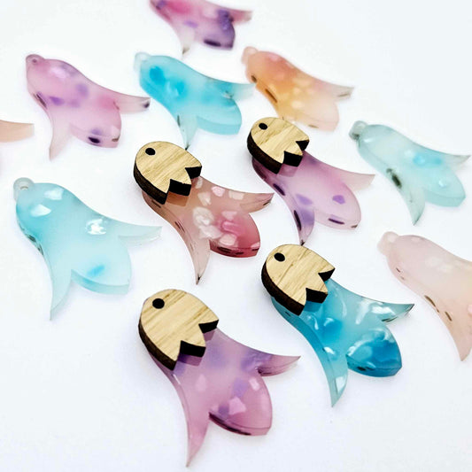 28mm mixed petal acrylic nodding flower dangle blanks shown on their own and with oak wood leaf cap pieces
