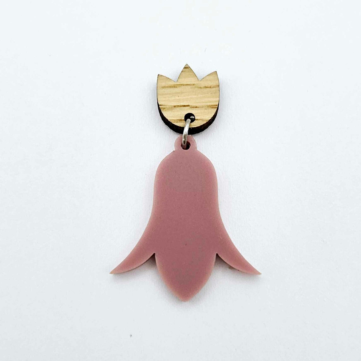 12mm oak veneer wood tulip shape earring blanks toppers shown with one of our dusty rose nodding flower acrylic earring blanks