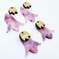 28mm jacaranda petal acrylic nodding flower dangle blanks shown on their own and with oak wood leaf cap pieces