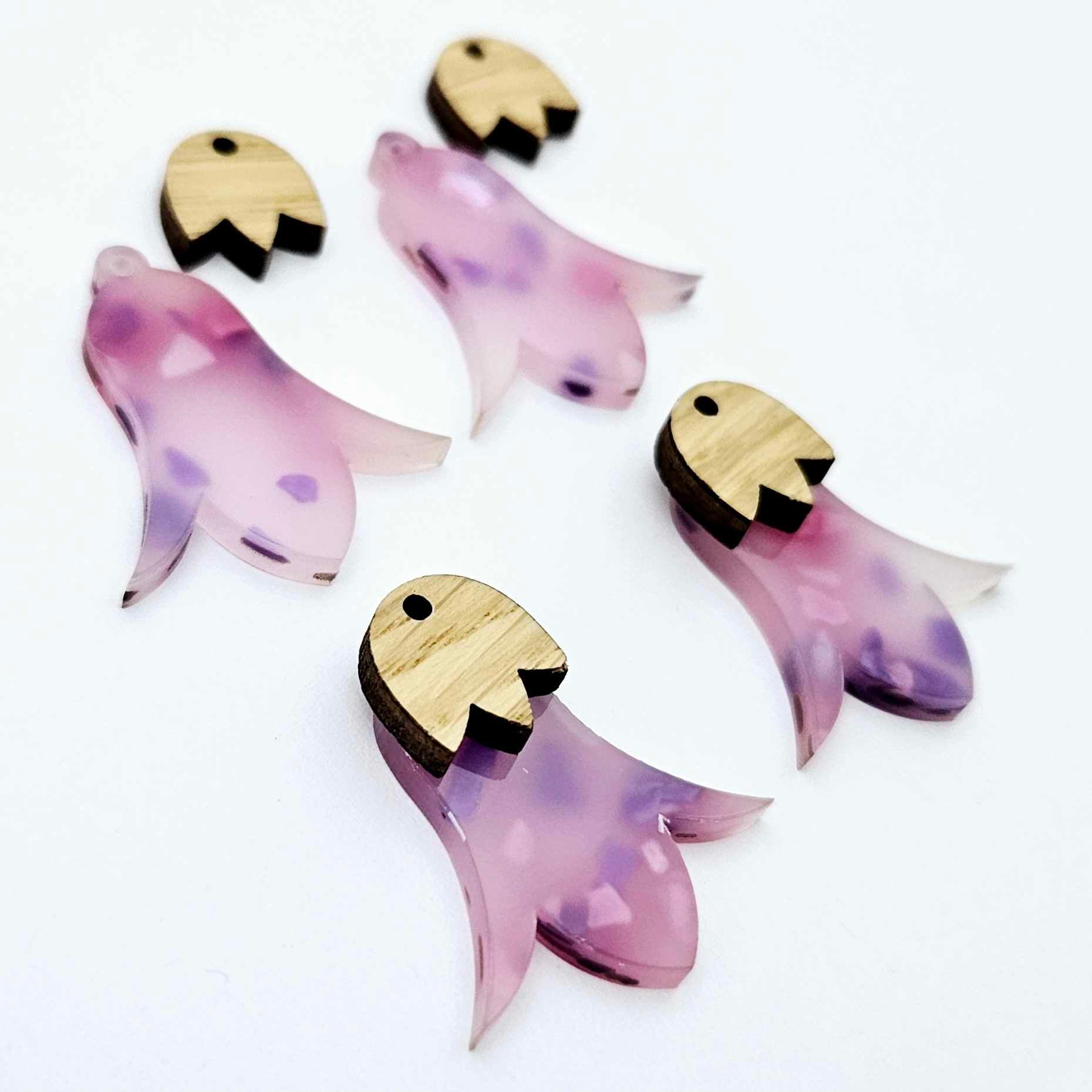 28mm jacaranda petal acrylic nodding flower dangle blanks shown on their own and with oak wood leaf cap pieces