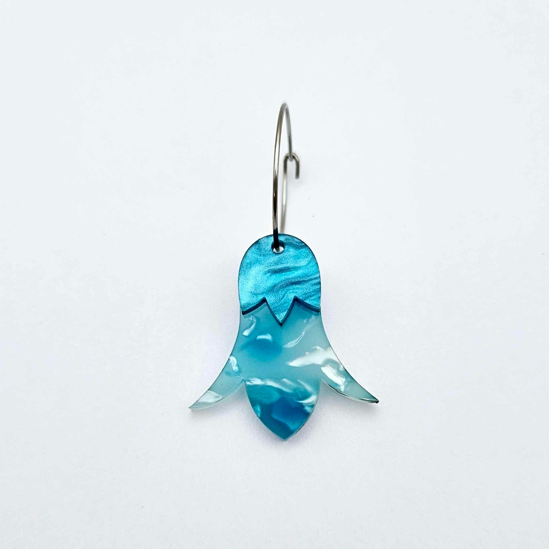 Periwinkle petal acrylic nodding flower dangle blanks assembled on 20mm hoops with leaf cap detail for a layered botanical flower look