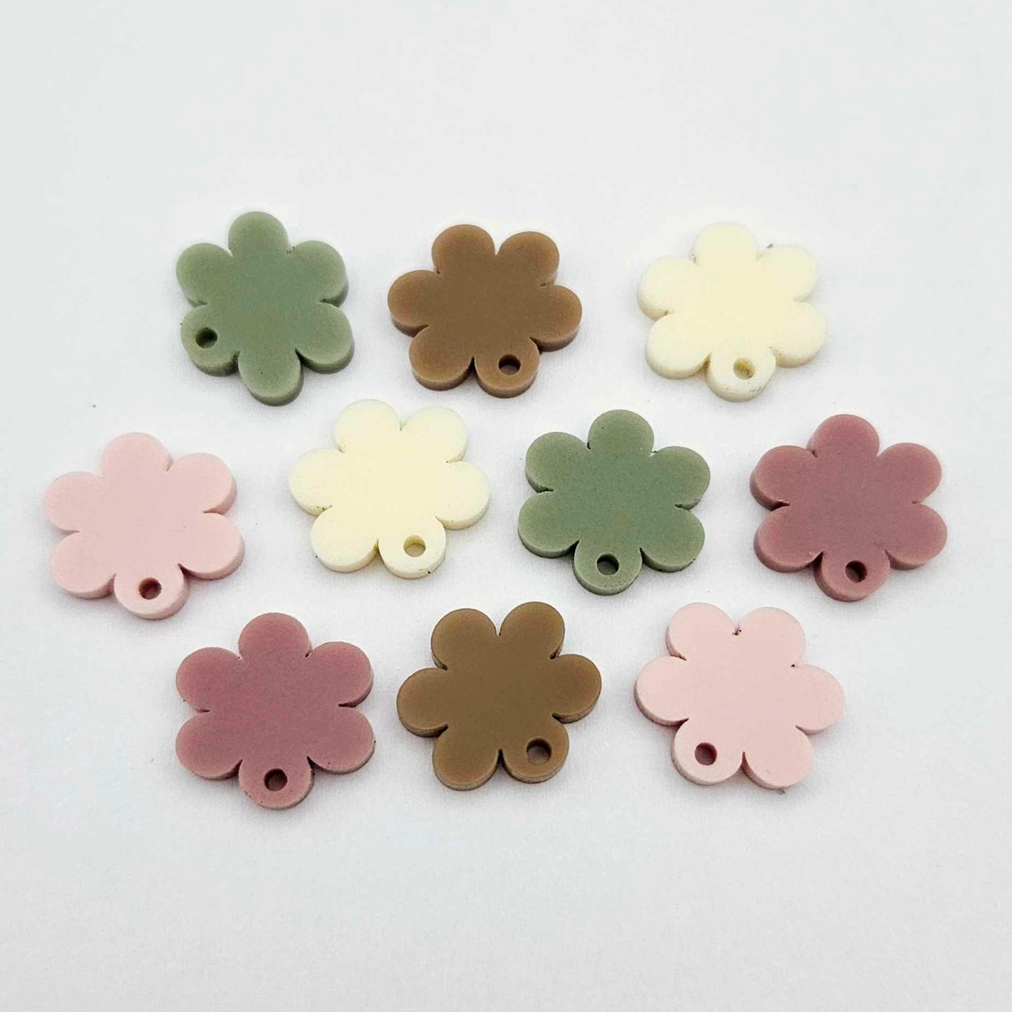Warm Neutrals flower topper mixed pack showing one pair of each colour with holes, including dusty rose, strawberry milkshake, cream, iced coffee and olive green