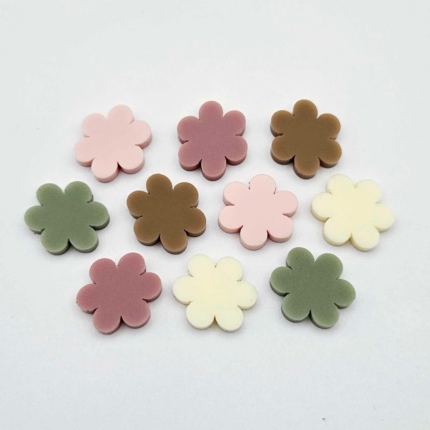 Warm Neutrals flower stud mixed pack showing one pair of each colour with no holes, including dusty rose, strawberry milkshake, cream, iced coffee and olive green