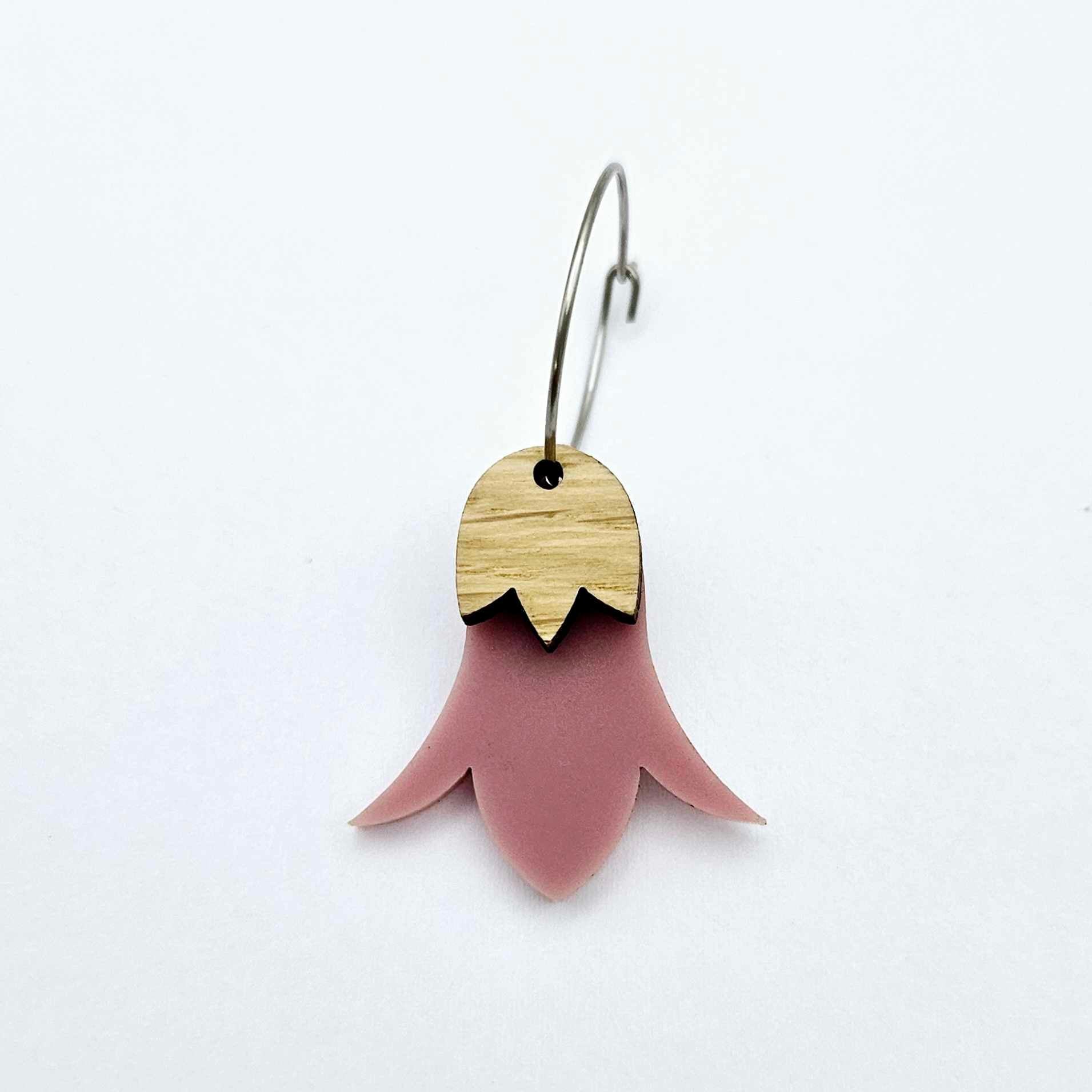 Dusty Rose acrylic nodding flower dangle blanks assembled on 20mm hoops with leaf cap detail for a layered botanical flower look