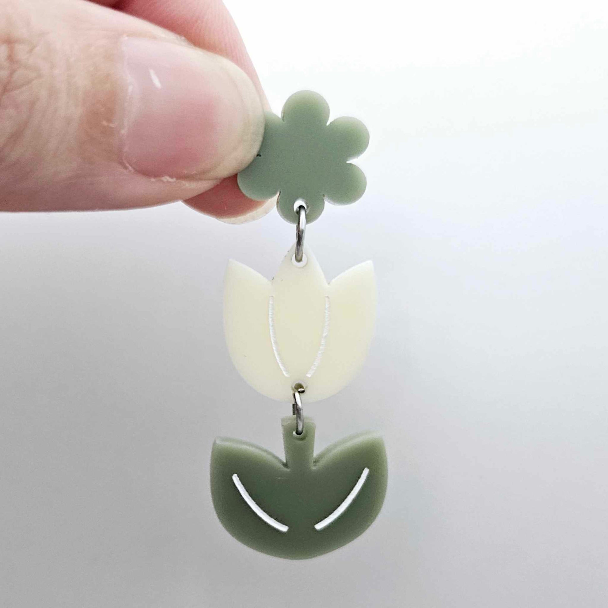 Cream and Olive Green acrylic tulip shape earring blanks shown with an olive green flower toppers