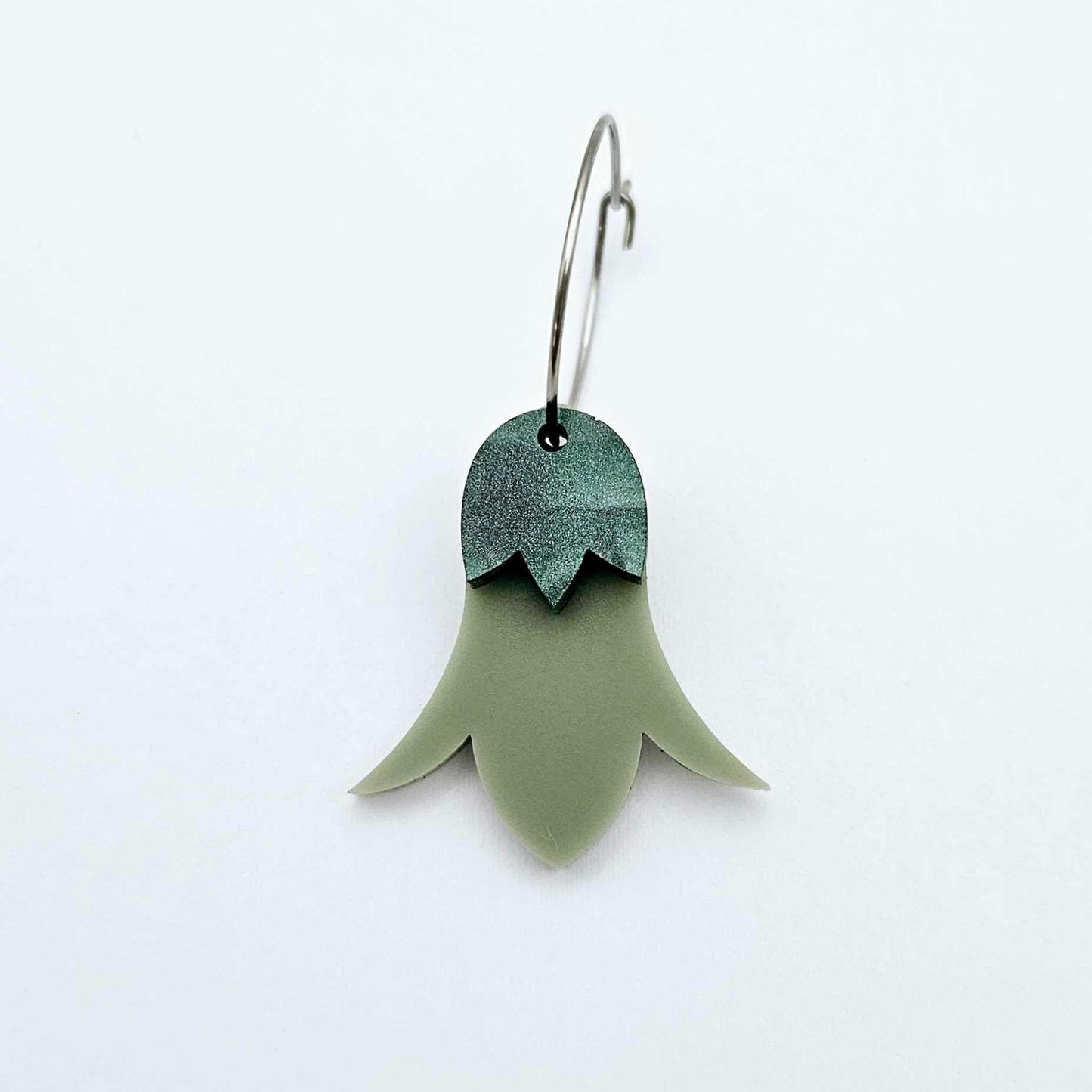 Olive green acrylic nodding flower dangle blanks assembled on 20mm hoops with leaf cap detail for a layered botanical flower look