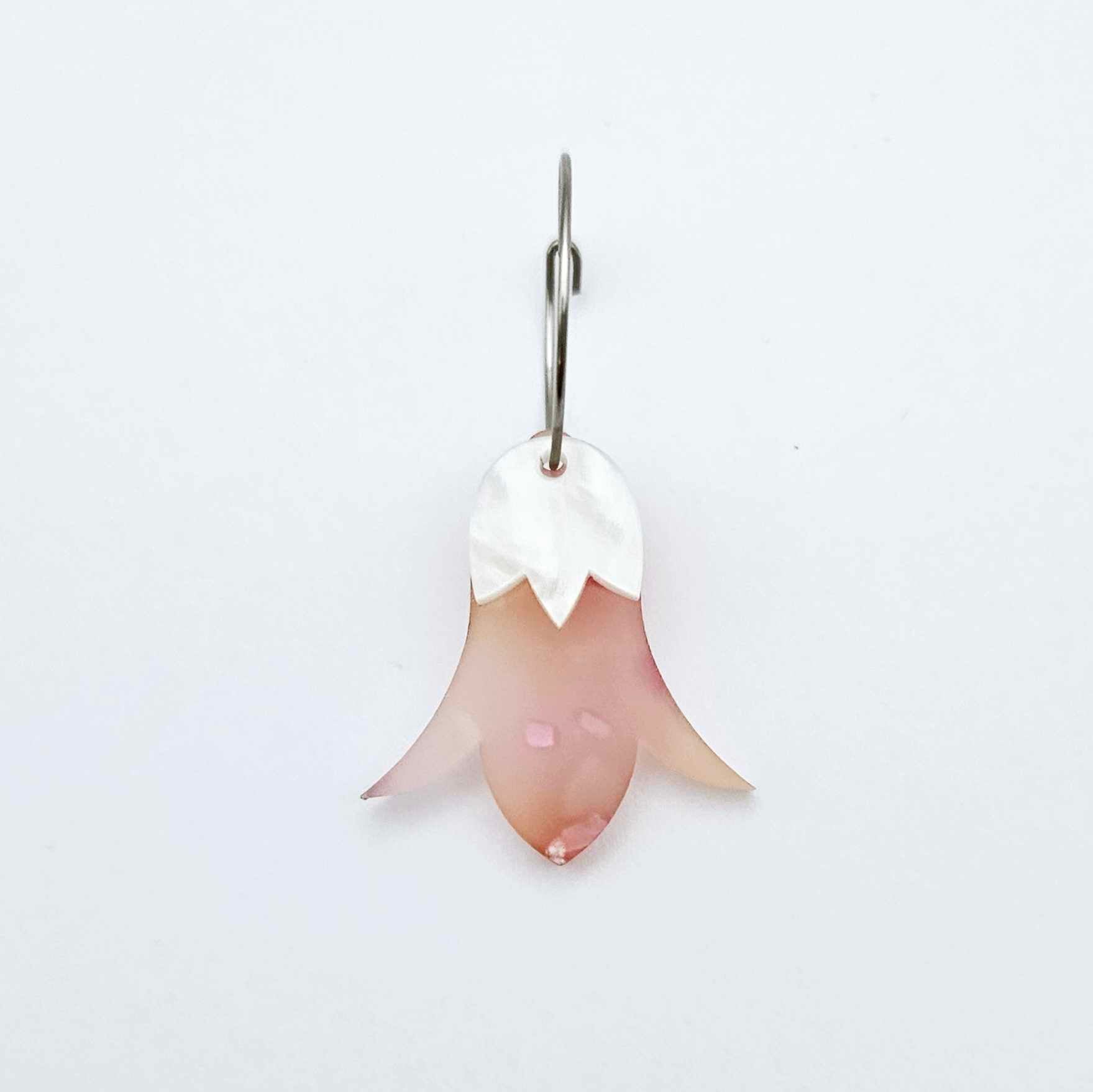 Frangipani petal acrylic nodding flower dangle blanks assembled on 20mm hoops with leaf cap detail for a layered botanical flower look