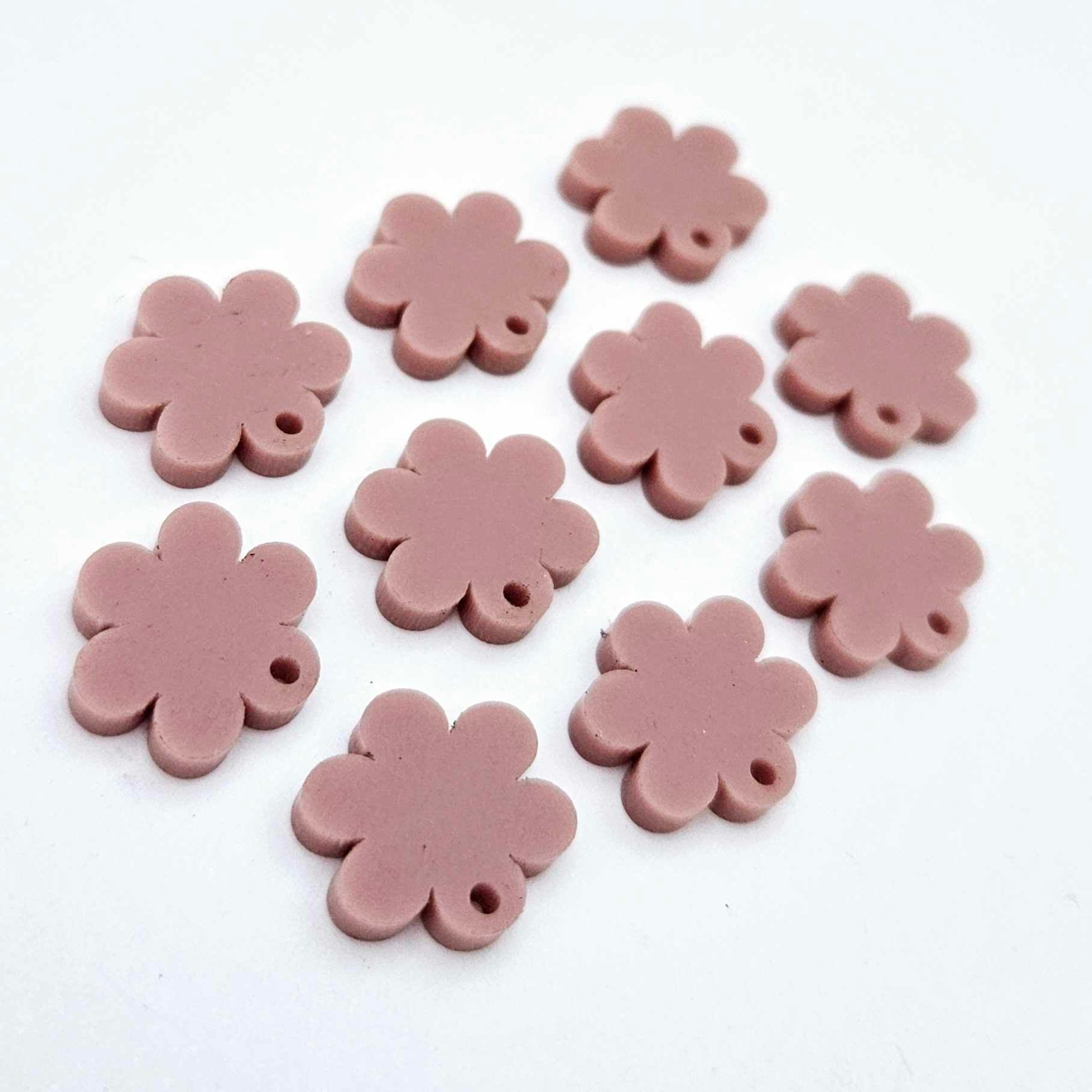 14mm dusty rose pink acrylic flower shape earring blanks toppers shown on their own