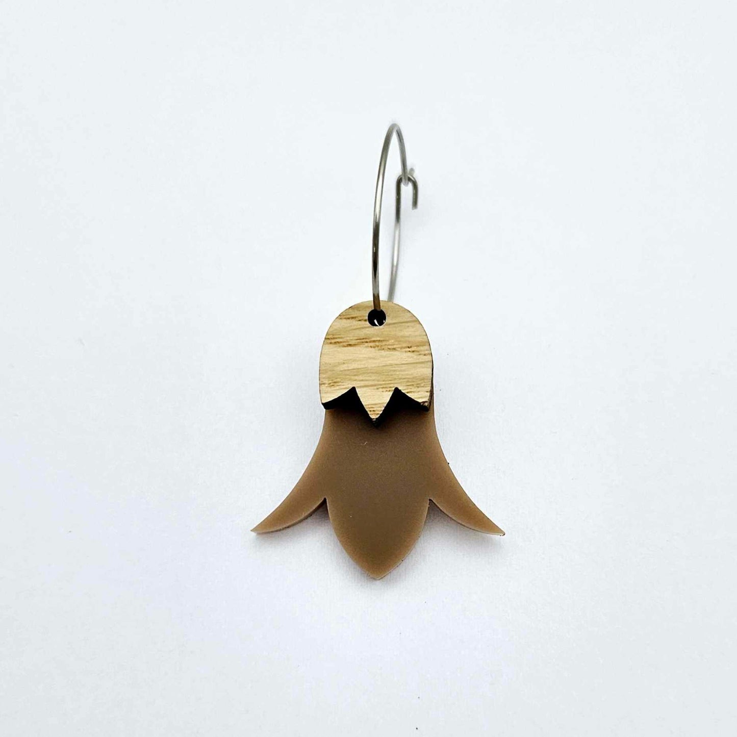 Iced coffee brown acrylic nodding flower dangle blanks assembled on 20mm hoops with leaf cap detail for a layered botanical flower look
