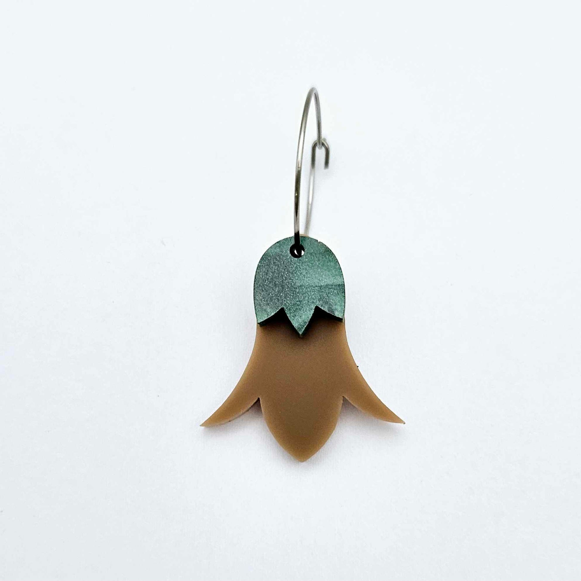 Iced coffee brown acrylic nodding flower dangle blanks assembled on 20mm hoops with leaf cap detail for a layered botanical flower look