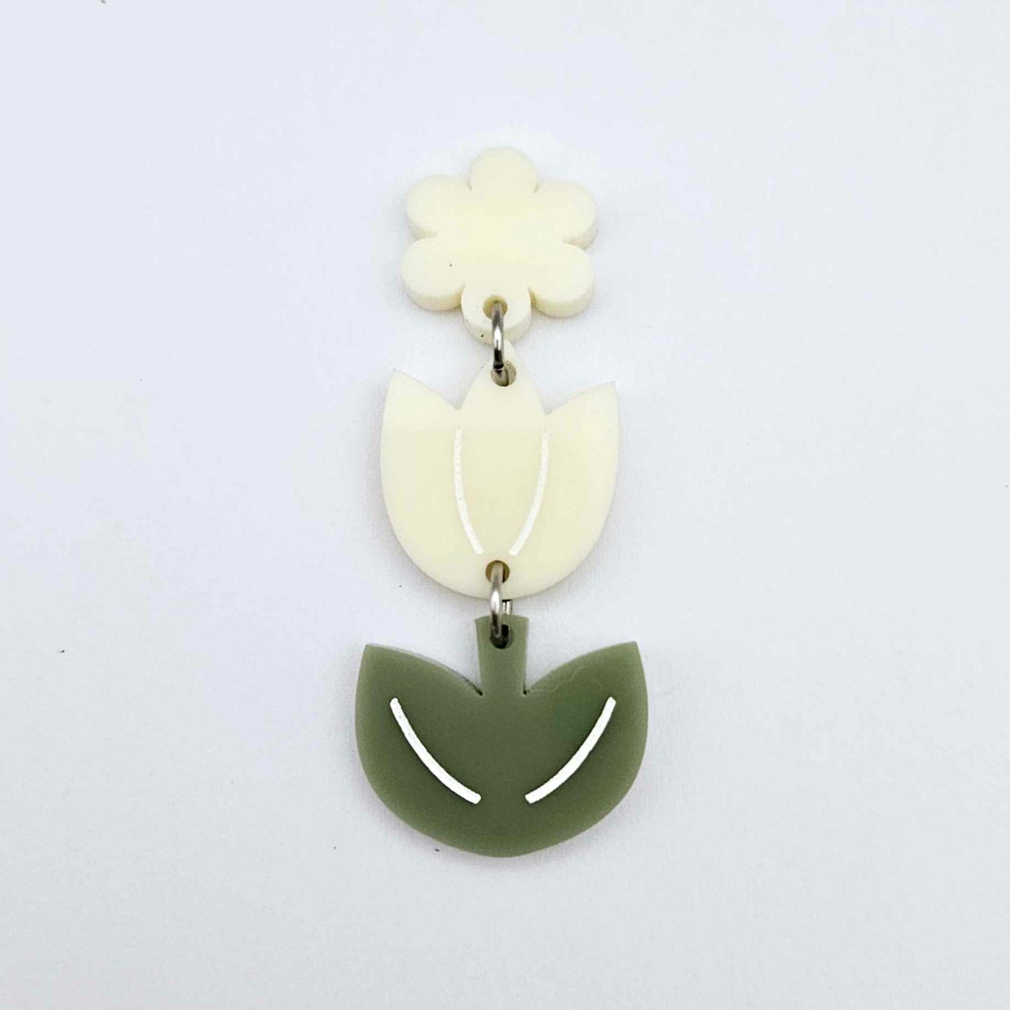 Cream and Olive Green acrylic tulip shape earring blanks shown with a cream flower toppers