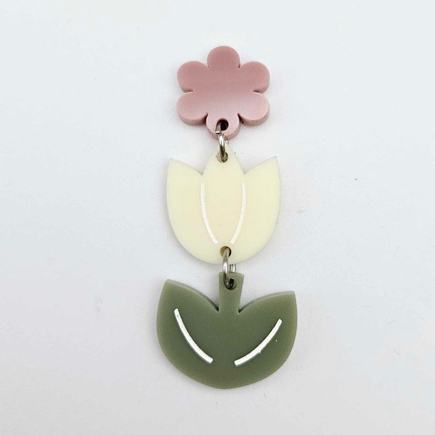 Cream and Olive Green acrylic tulip shape earring blanks shown with one of our dusty rose flower toppers
