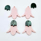 28mm dusty pale pink nodding flower dangle blanks shown on their own and with green mineral leaf cap pieces