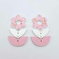 Three-piece acrylic flower dangle blanks shown unassembled laying flat, featuring Cherry Blosoom UV printed flower, white leafy middle and pastel pink leafy bottom