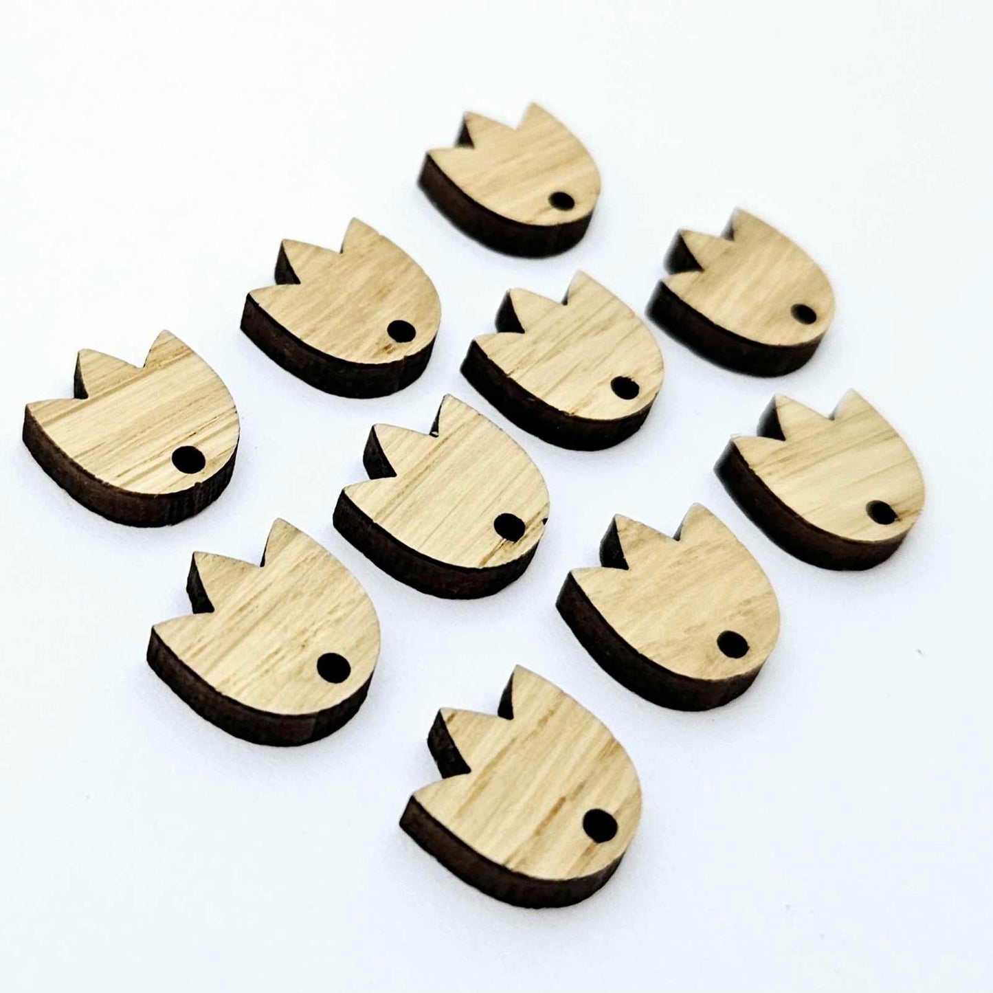 12mm oak veneer wood tulip shape earring blanks toppers shown on their own